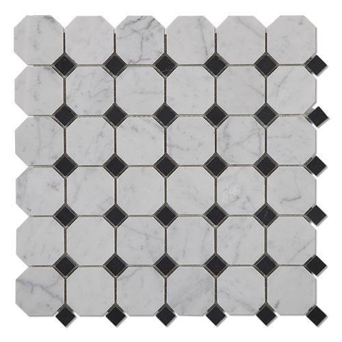 5 Sq Ft of Carrara White and Nero Black Marble Mosaic Tile in 2" Octagon Pattern - Polished | TileBuys