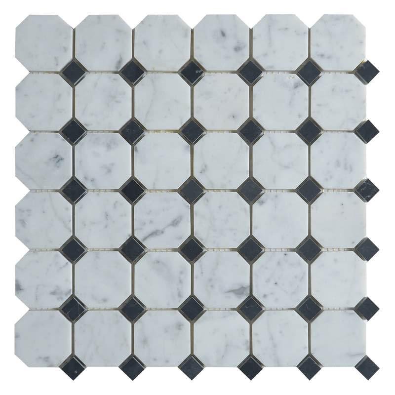 5 Sq Ft of Carrara White and Nero Black Marble Mosaic Tile in 2" Octagon Pattern - Polished | TileBuys