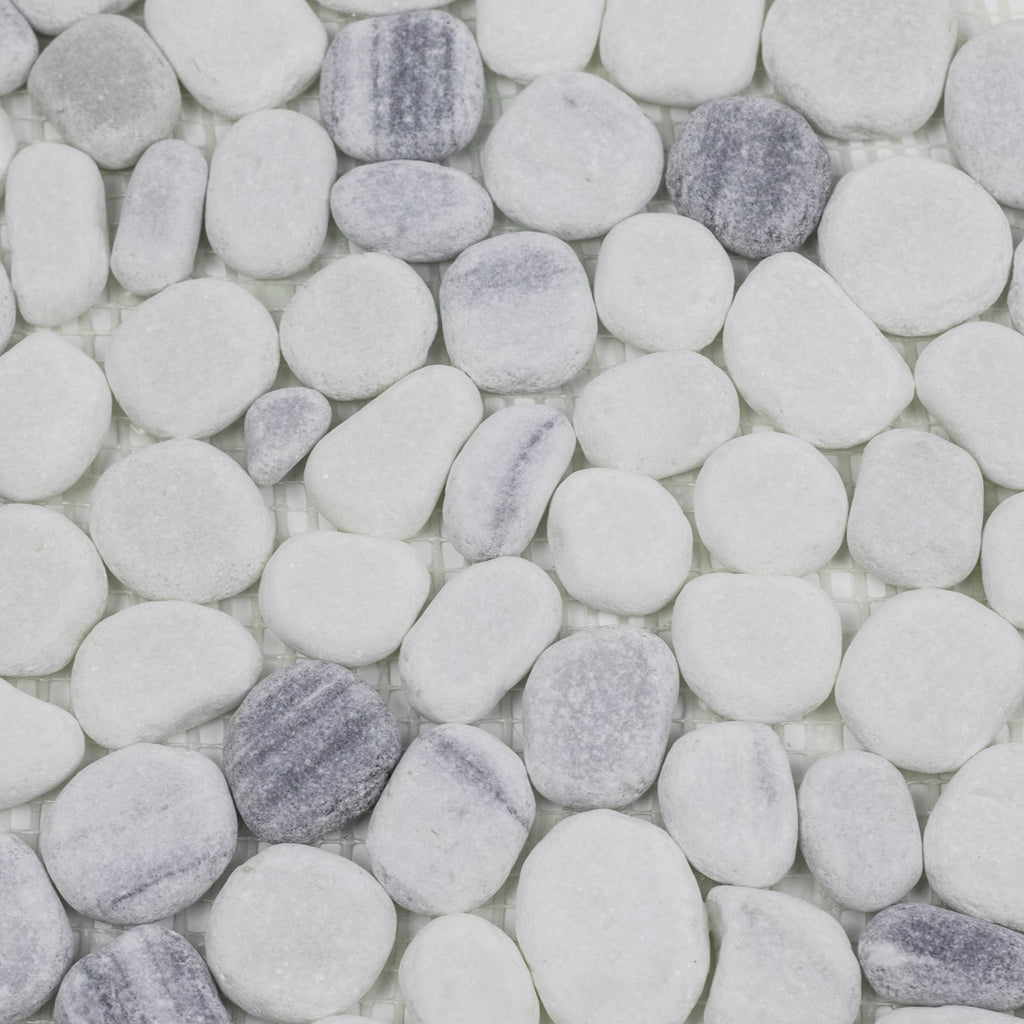 Carrara White and Zebra Marble Mosaic Tile - Flat Pebble Pattern for Bathroom Floors | TileBuys