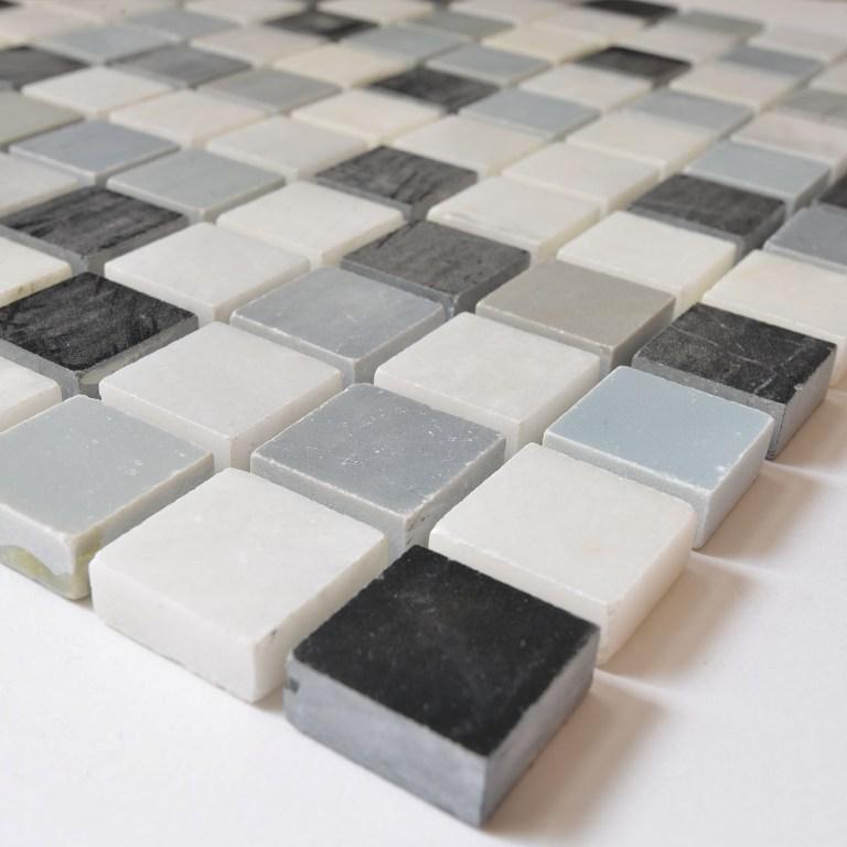 5 Sq Ft of Carrara White, Blue Moonstone &amp; Nero Black Marble 1x1" Squares Mosaic Tile in Grecian Moon | TileBuys