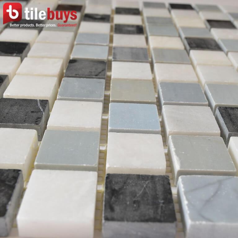 5 Sq Ft of Carrara White, Blue Moonstone & Nero Black Marble 1x1" Squares Mosaic Tile in Grecian Moon | TileBuys