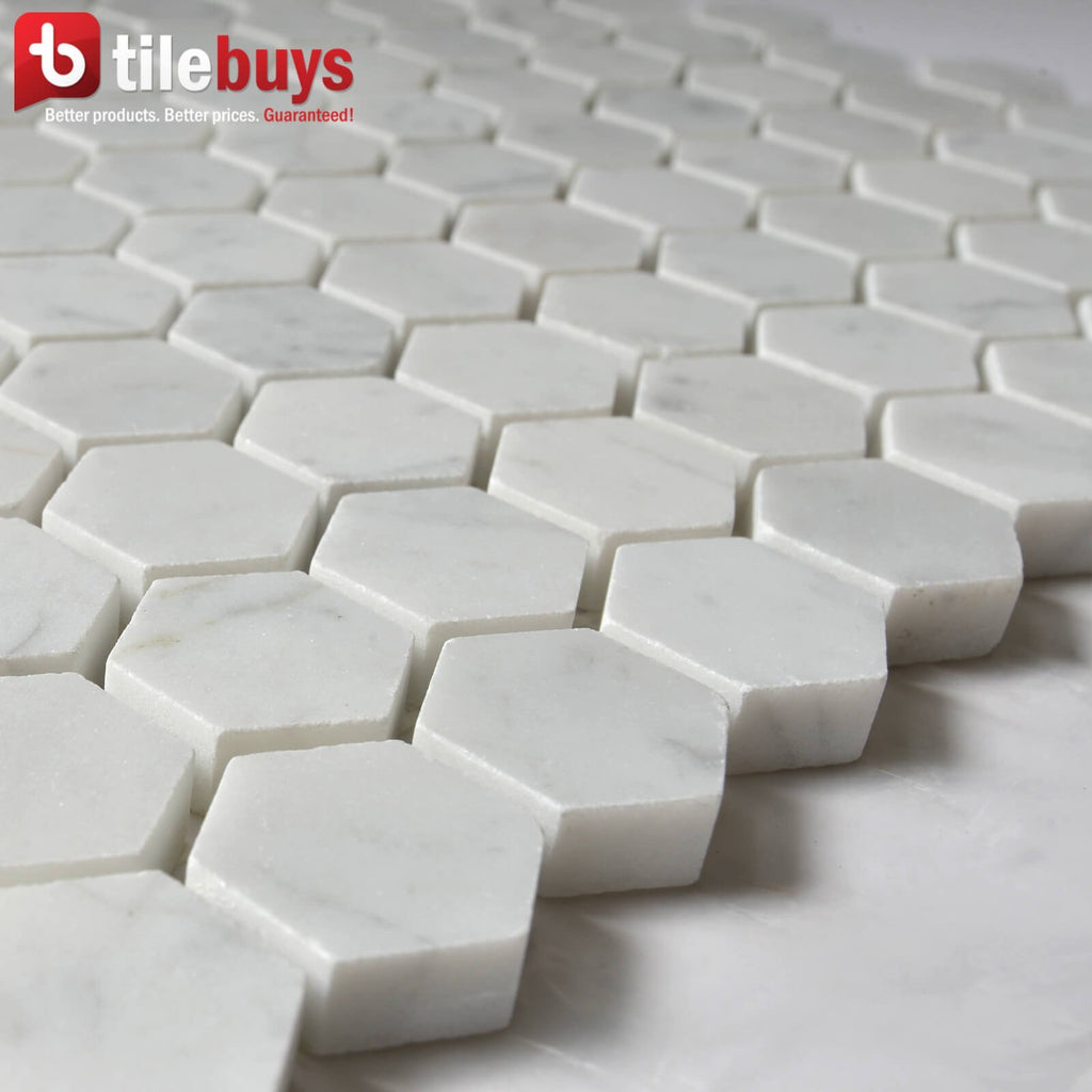 4.4 Sq Ft of Carrara White Marble Mosaic Tile in 1" Hexagons Pattern - Polished or Honed | TileBuys