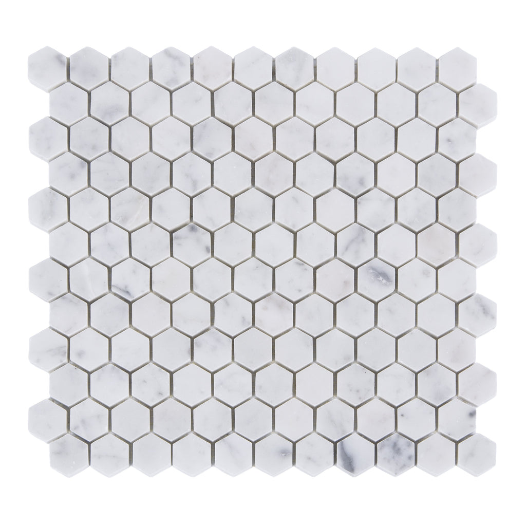 4.4 Sq Ft of Carrara White Marble Mosaic Tile in 1" Hexagons Pattern - Polished or Honed | TileBuys