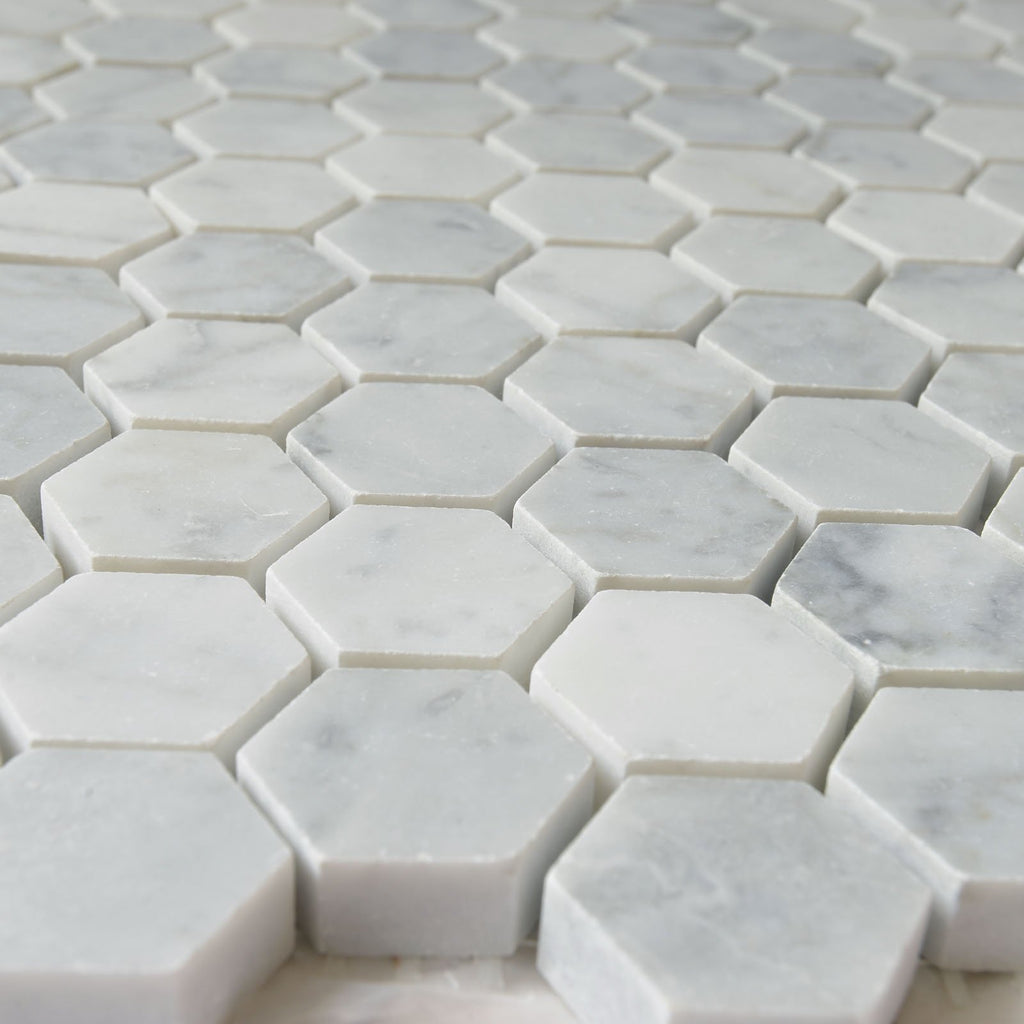 4.4 Sq Ft of Carrara White Marble Mosaic Tile in 1" Hexagons Pattern - Polished or Honed | TileBuys