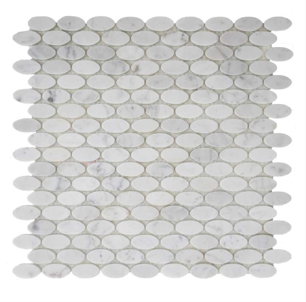 4.8 Sq Ft Carrara White Marble Mosaic Tile in 5/8" Oval Pattern - Honed | TileBuys