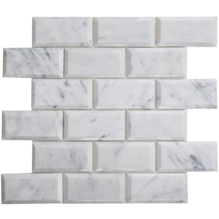 5 Sq Ft of Carrara White Marble Mosaic Tile in Beveled 2x4" Mini Brick Subway Tiles | TileBuys