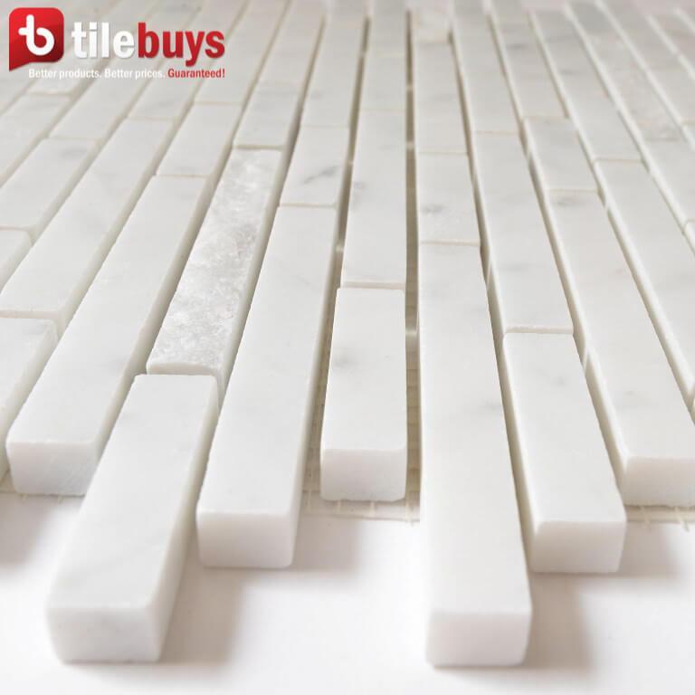 4.8 Sq Ft of Carrara White Marble Mosaic Tile in Linear Strips Pattern with Mixed Finishes | TileBuys