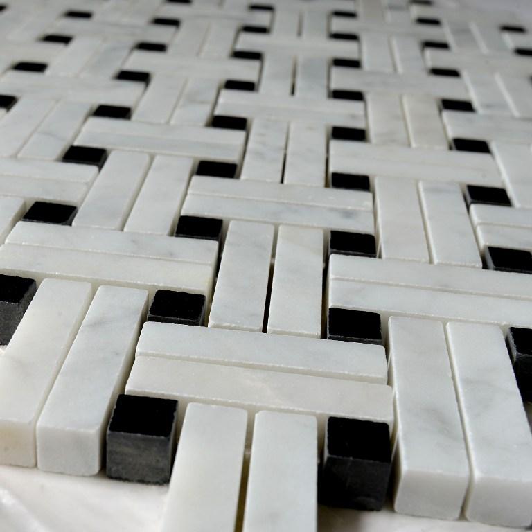 5 Sq Ft of Carrara White and Nero Black Marble Mosaic Tile - Knot Basketweave | TileBuys