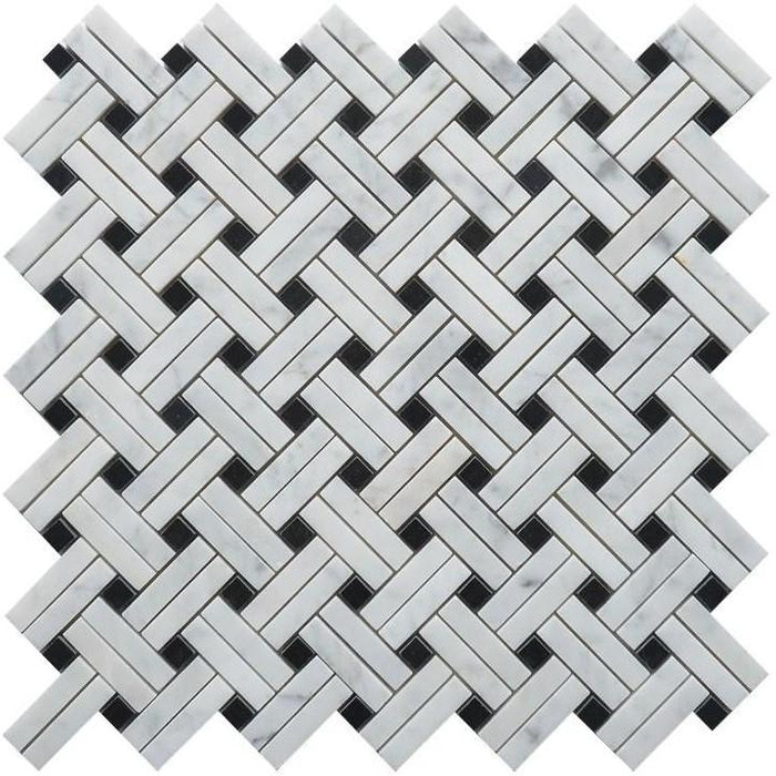 5 Sq Ft of Carrara White and Nero Black Marble Mosaic Tile - Knot Basketweave | TileBuys