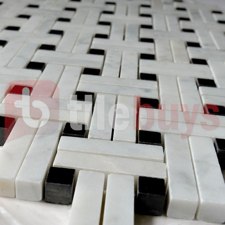 5 Sq Ft of Carrara White and Nero Black Marble Mosaic Tile - Knot Basketweave | TileBuys