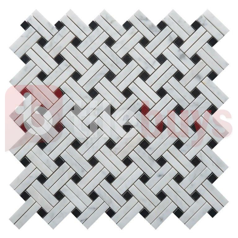 5 Sq Ft of Carrara White and Nero Black Marble Mosaic Tile - Knot Basketweave | TileBuys