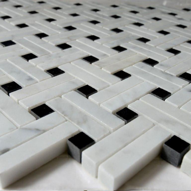 5 Sq Ft of Carrara White and Nero Black Marble Mosaic Tile - Knot Basketweave | TileBuys