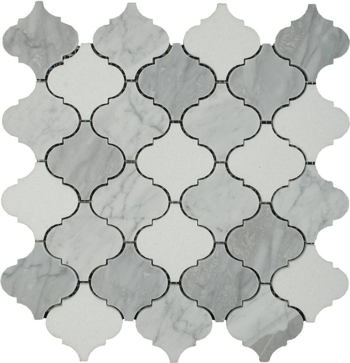 Carrara White, Milano Gray and White Thassos Marble Waterjet Mosaic Tile in 3" Arabesque Lanterns | TileBuys