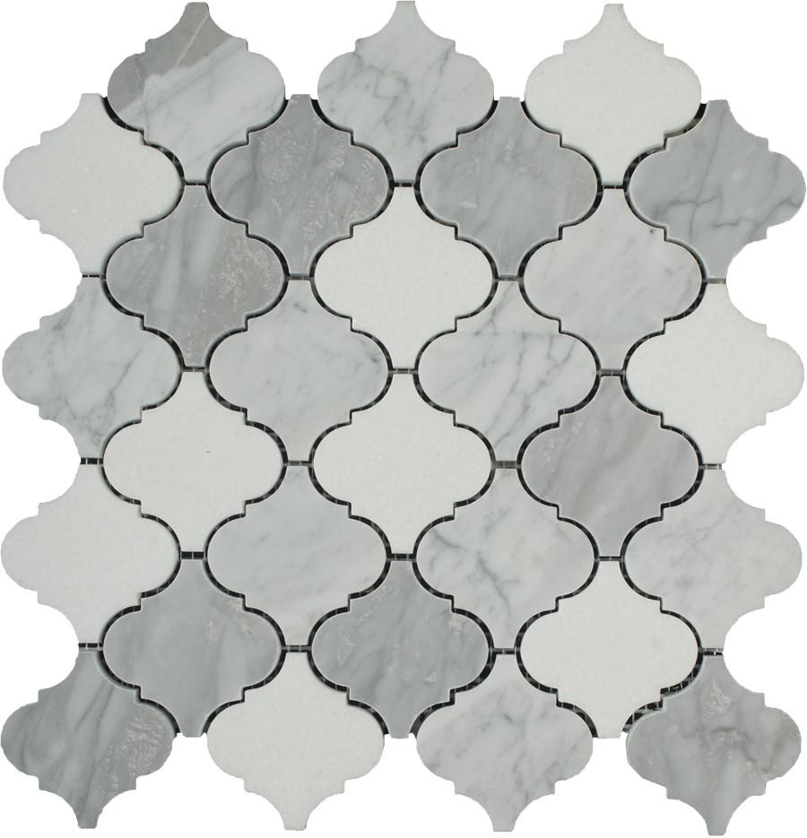 Carrara White, Milano Gray and White Thassos Marble Waterjet Mosaic Tile in 3" Arabesque Lanterns | TileBuys