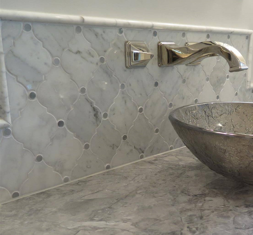 Carrara White Waterjet Mosaic Tile with Grey Marble Accent Dots in Safi Lanterns | TileBuys