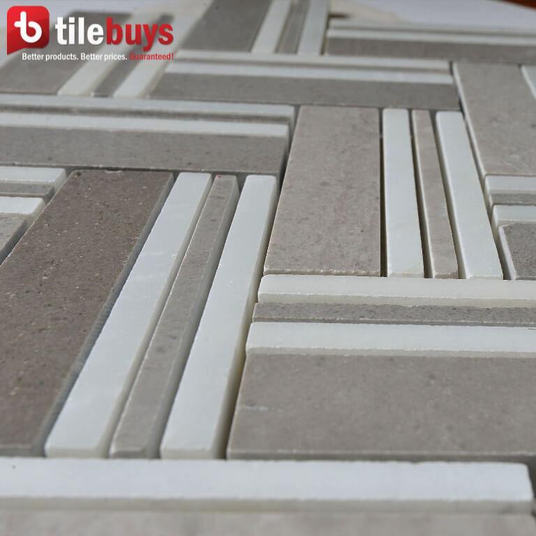 4.6 Sq Ft of Cinderella Grey & White Marble Mixed Herringbone Mosaic Tile | TileBuys