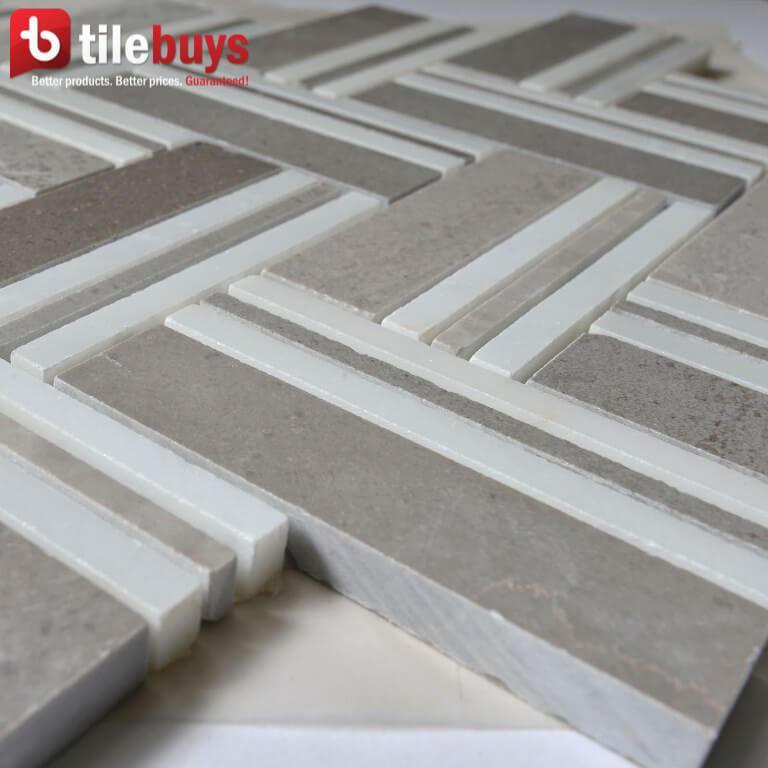 4.6 Sq Ft of Cinderella Grey & White Marble Mixed Herringbone Mosaic Tile | TileBuys