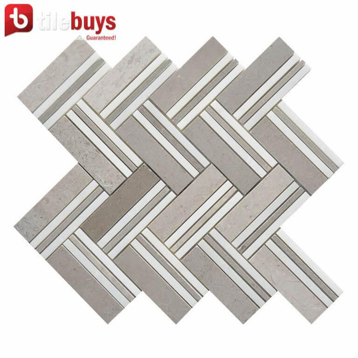 4.6 Sq Ft of Cinderella Grey & White Marble Mixed Herringbone Mosaic Tile | TileBuys