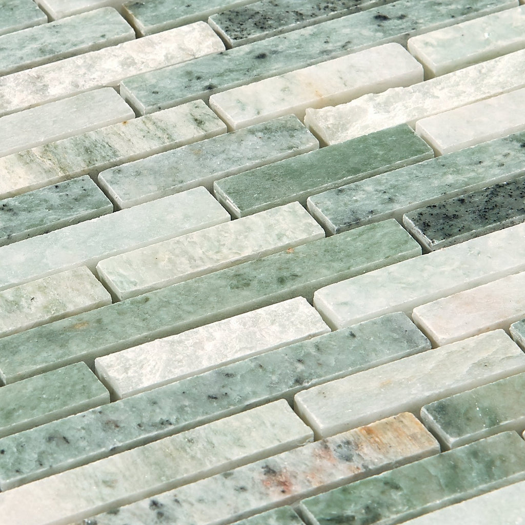 4.8 Sq Ft of Ming Green Marble Mosaic Tile in Random Linear Strips Pattern - Mixed Finish | TileBuys