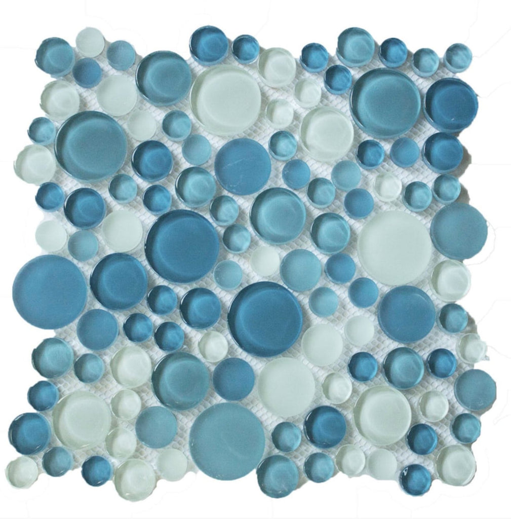 Blue Tile Pattern Rounded 5 Sq Ft of Coastal Bubbles Blue + Green Glass Mosaic Penny Circle Round ...