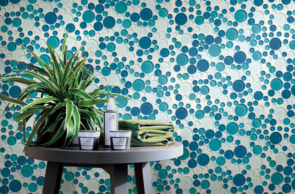 5 Sq Ft of Coastal Bubbles Blue + Green Glass Mosaic Penny Circle Round Tile (5 Sq Ft) | TileBuys