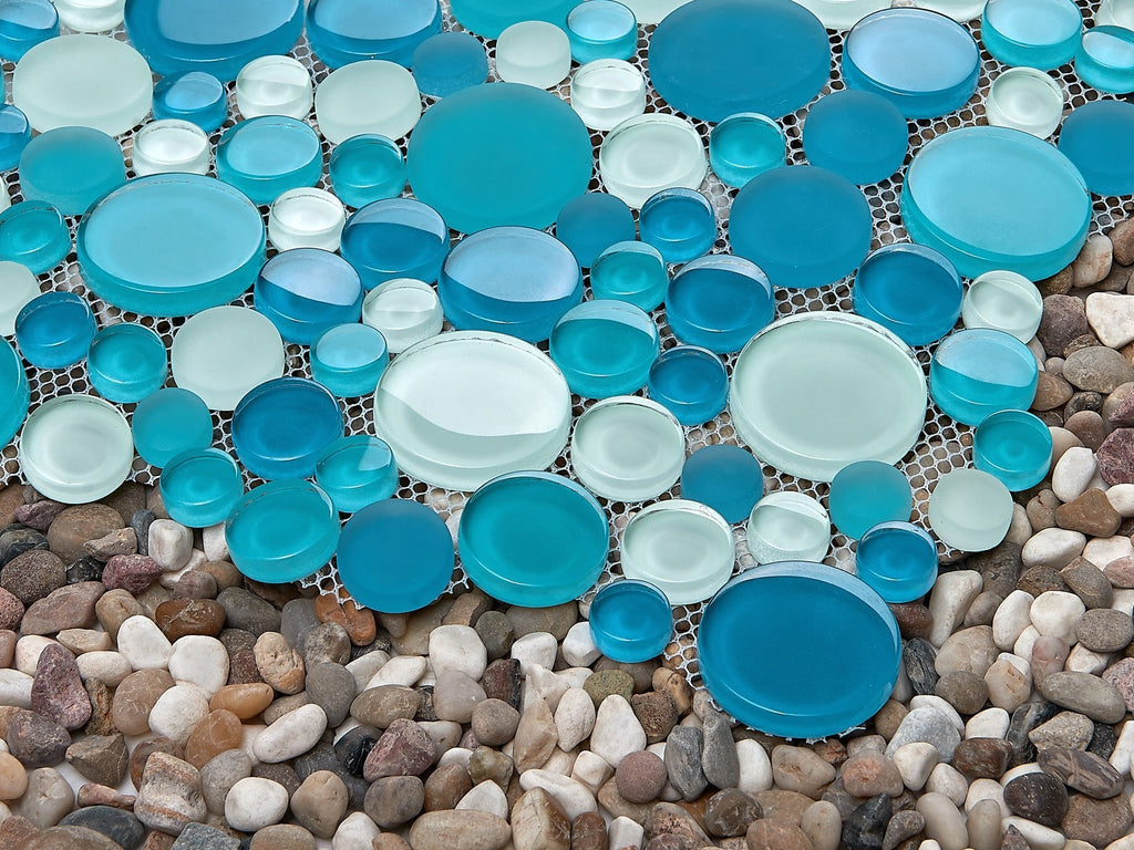 5 Sq Ft of Coastal Bubbles Blue + Green Glass Mosaic Penny Circle Round Tile (5 Sq Ft) | TileBuys