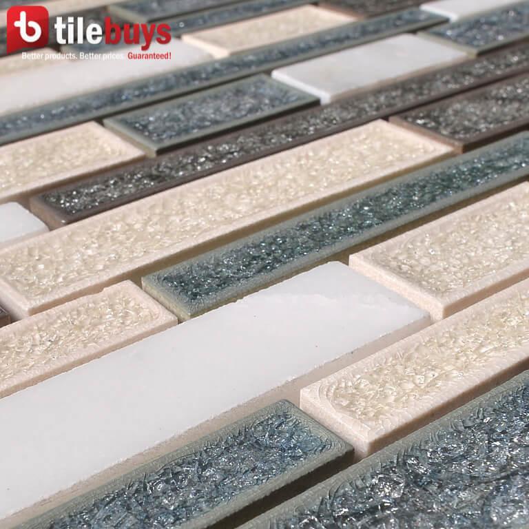 4.8 Sq Ft of Crackled Glass & Stone Strip Mosaic Tile in Gray & Off-White | TileBuys