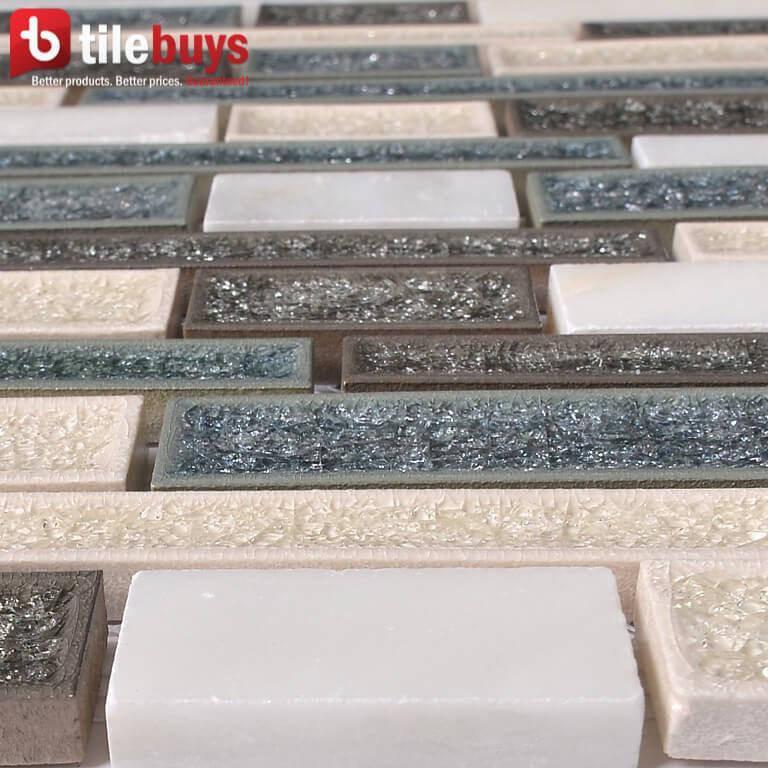 4.8 Sq Ft of Crackled Glass &amp; Stone Strip Mosaic Tile in Gray &amp; Off-White | TileBuys