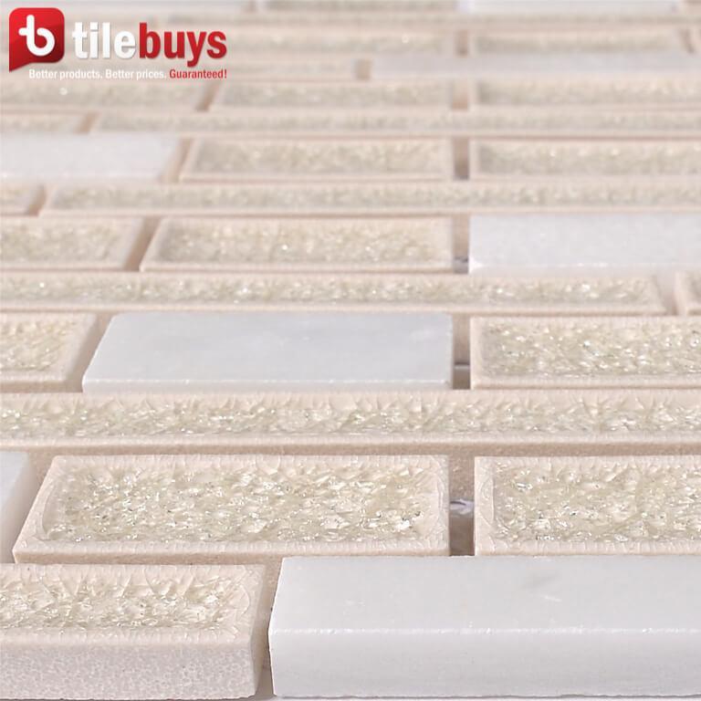 4.8 Sq Ft of Crackled Glass &amp; Stone Strip Mosaic Tile in Pink Beige &amp; Off-White | TileBuys