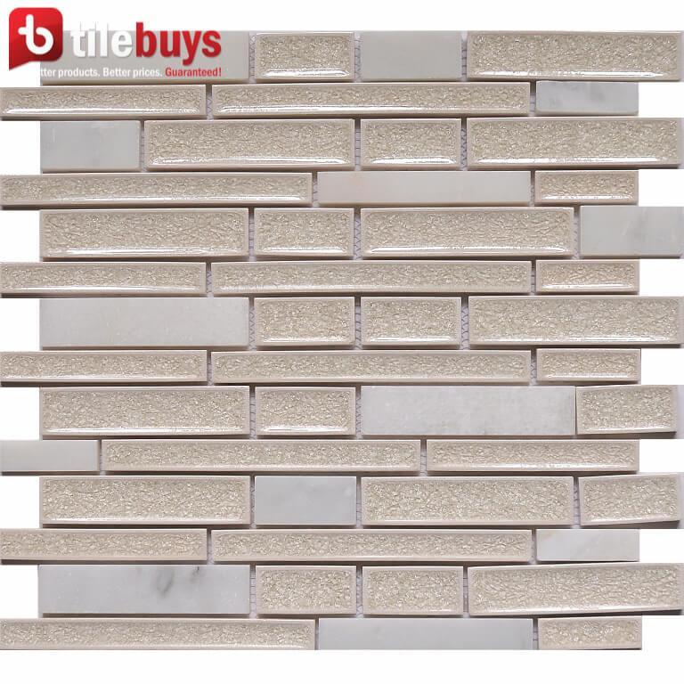 4.8 Sq Ft of Crackled Glass & Stone Strip Mosaic Tile in Pink Beige & Off-White | TileBuys