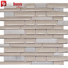 4.8 Sq Ft of Crackled Glass & Stone Strip Mosaic Tile in Pink Beige & Off-White | TileBuys