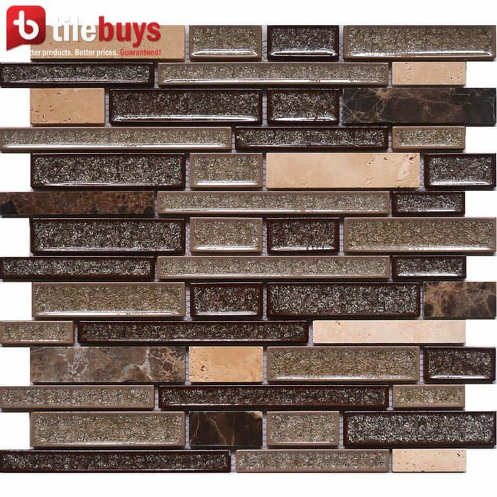 4.8 Sq Ft of Crackled Glass & Stone Strip Mosaic Tile in Toffee | TileBuys