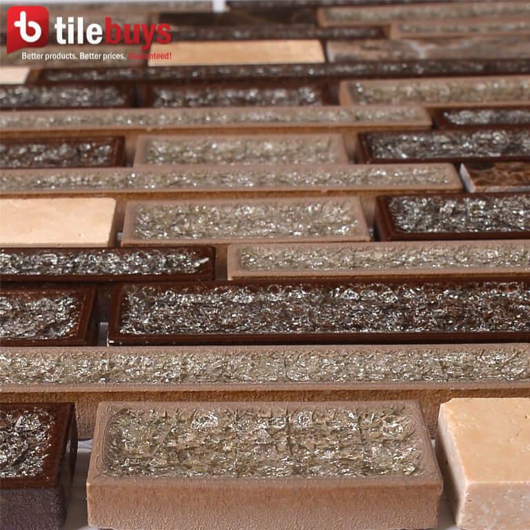 4.8 Sq Ft of Crackled Glass &amp; Stone Strip Mosaic Tile in Toffee | TileBuys