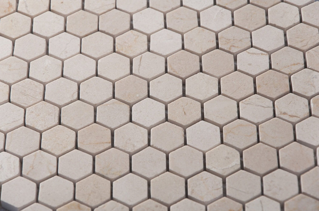 Crema Marfil Marble Mosaic Tile - 1” Hexagons - Polished | TileBuys