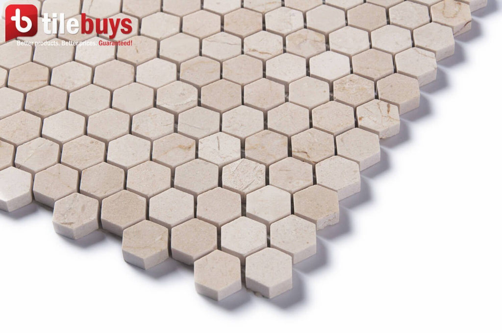 Crema Marfil Marble Mosaic Tile - 1” Hexagons - Polished | TileBuys