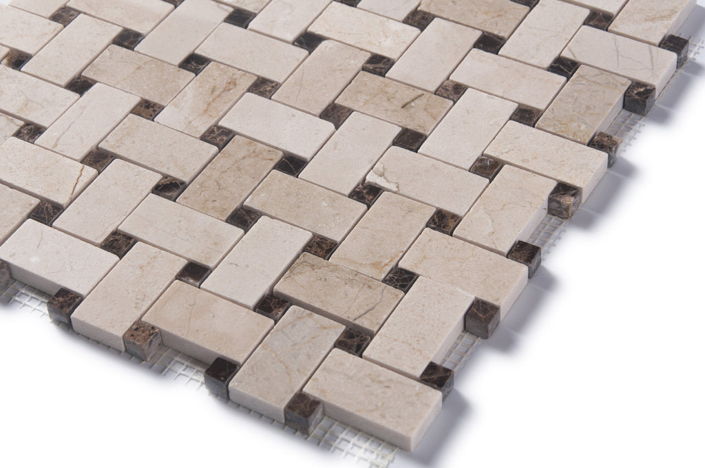 Crema Marfil Marble Mosaic Tile - 1x2" Basketweave Strips with Dark Emperador Accent Squares - Polished | TileBuys