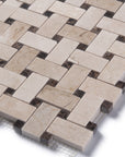 Crema Marfil Marble Mosaic Tile - 1x2" Basketweave Strips with Dark Emperador Accent Squares - Polished | TileBuys