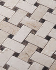 Crema Marfil Marble Mosaic Tile - 1x2" Basketweave Strips with Dark Emperador Accent Squares - Polished | TileBuys