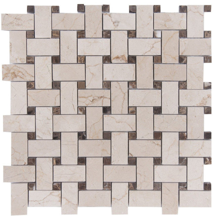 Crema Marfil Marble Mosaic Tile - 1x2" Basketweave Strips with Dark Emperador Accent Squares - Polished | TileBuys