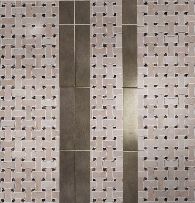 Crema Marfil Marble Mosaic Tile - Bone Basketweave with Dark Emperador Square Accents - Polished | TileBuys