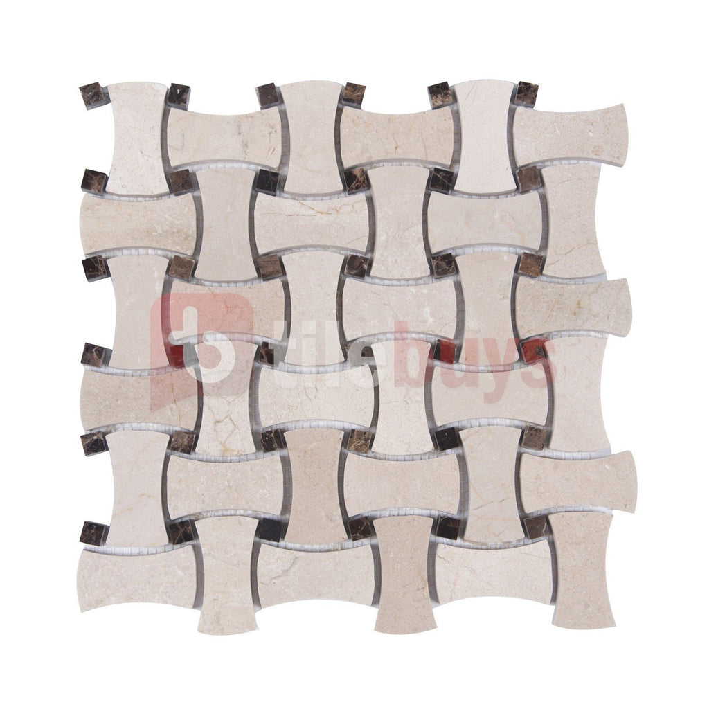 Crema Marfil Marble Mosaic Tile - Bone Basketweave with Dark Emperador Square Accents - Polished | TileBuys