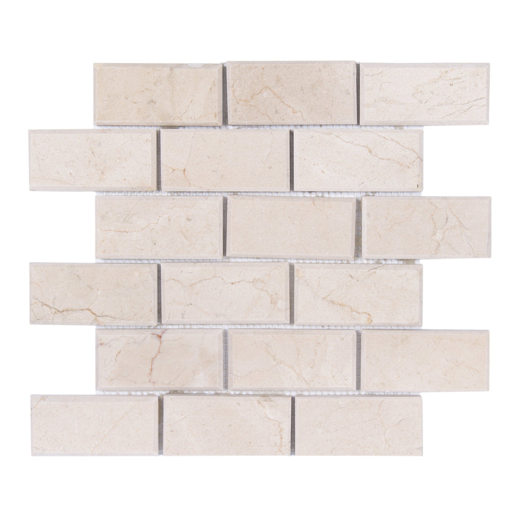 Crema Marfil Marble Mosaic Tile in Beveled 2x4" Mini Brick Subway Tiles Pattern - Polished | TileBuys