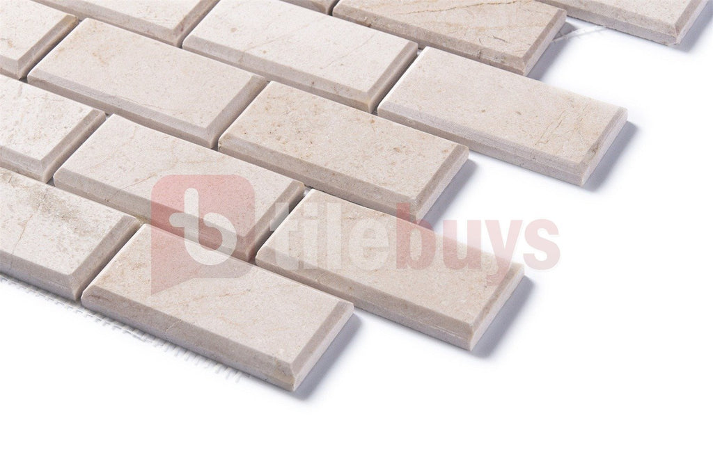 Crema Marfil Marble Mosaic Tile in Beveled 2x4" Mini Brick Subway Tiles Pattern - Polished | TileBuys