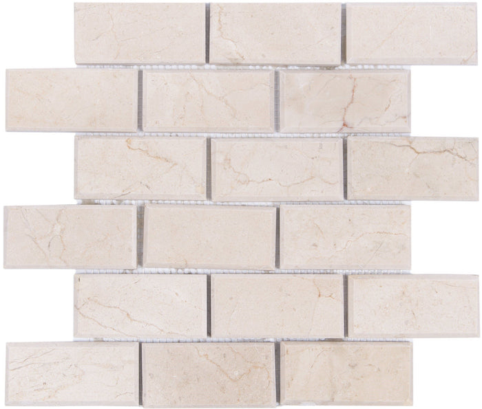 Crema Marfil Marble Mosaic Tile in Beveled 2x4" Mini Brick Subway Tiles Pattern - Polished | TileBuys