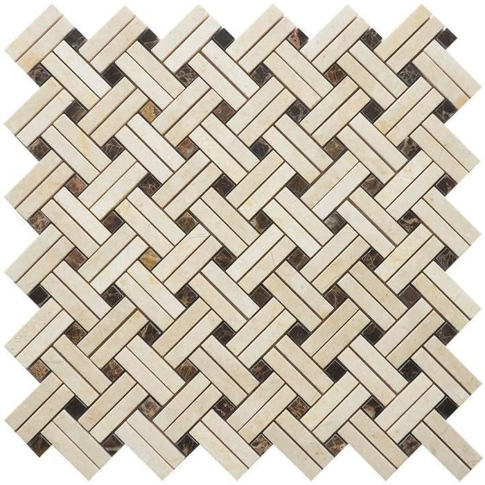 5 Sq Ft Crema Marfil and Dark Emperador Marble Mosaic Tile - Knot Basketweave | TileBuys