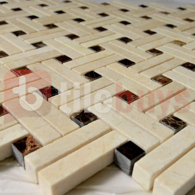 5 Sq Ft Crema Marfil and Dark Emperador Marble Mosaic Tile - Knot Basketweave | TileBuys