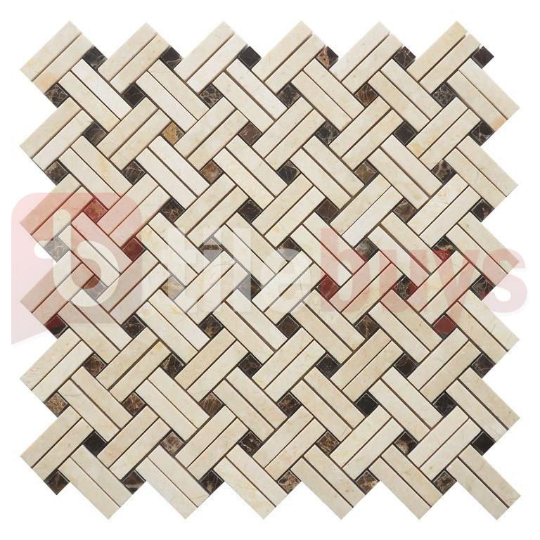 5 Sq Ft Crema Marfil and Dark Emperador Marble Mosaic Tile - Knot Basketweave | TileBuys