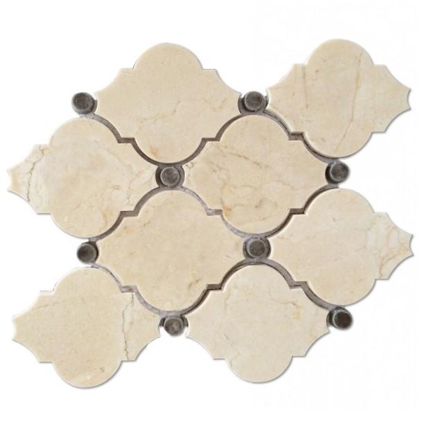 Crema Marfil Waterjet Mosaic Tile with Grey Marble Accent Dots in Safi Lanterns | TileBuys