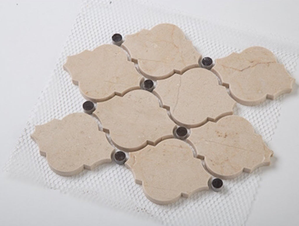 Crema Marfil Waterjet Mosaic Tile with Grey Marble Accent Dots in Safi Lanterns | TileBuys