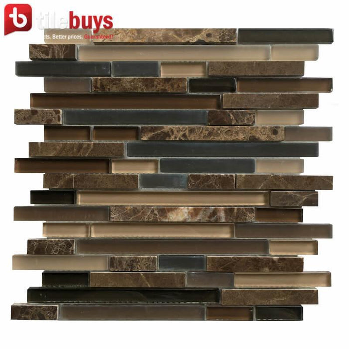 Dark Brown, Beige & Gray Marble & Glass Linear Strip Mosaic Wall Tile | TileBuys